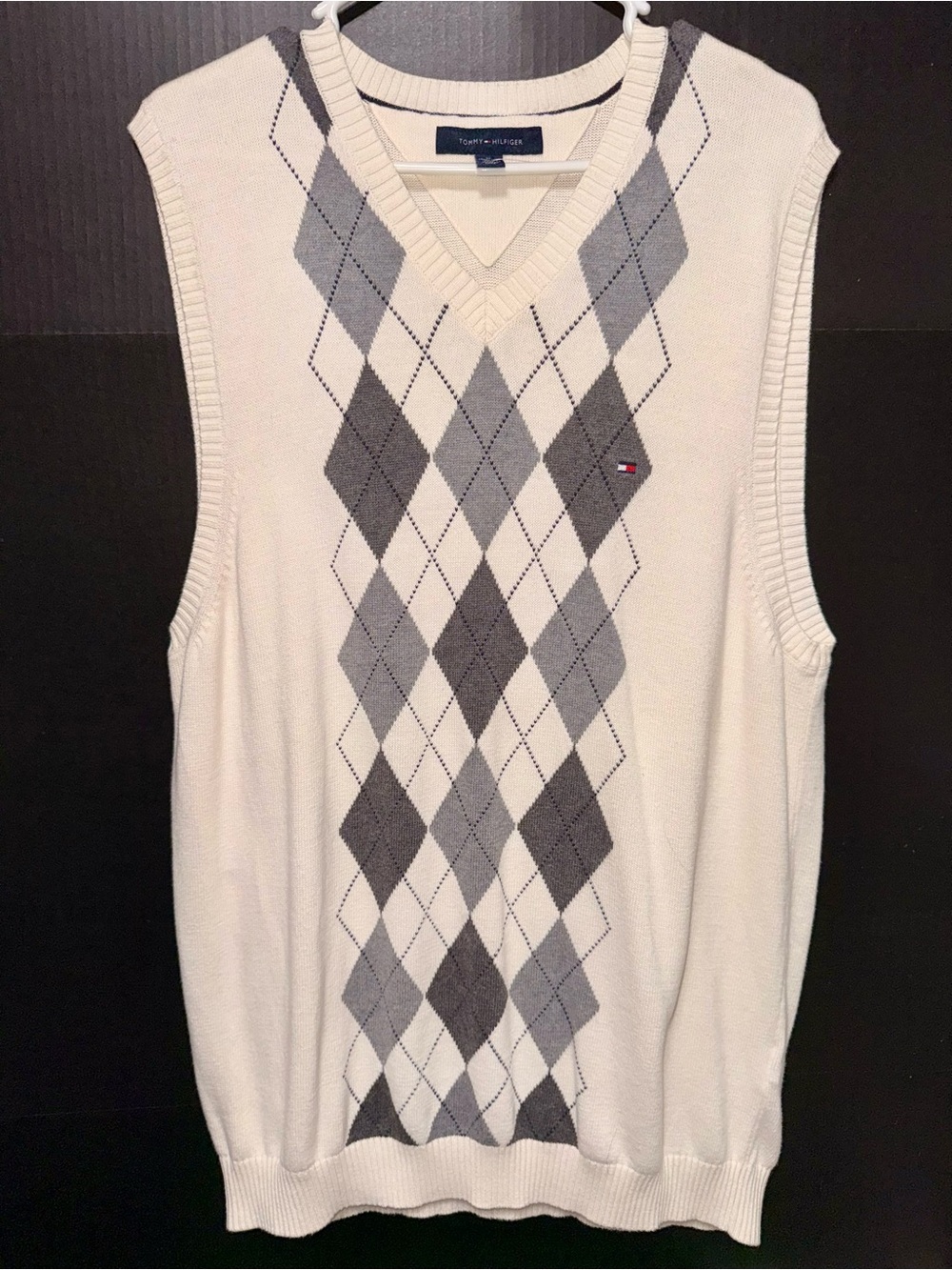 Vintage Tommy Hilfiger Cream Argyle Sweater Vest V-Neck Size XL
